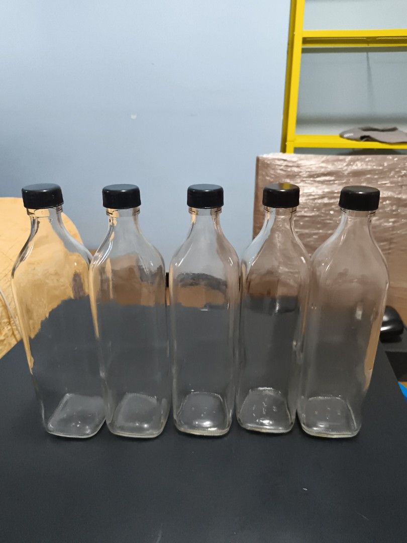 Set of 5 Clear Glass Bottles with Black Caps