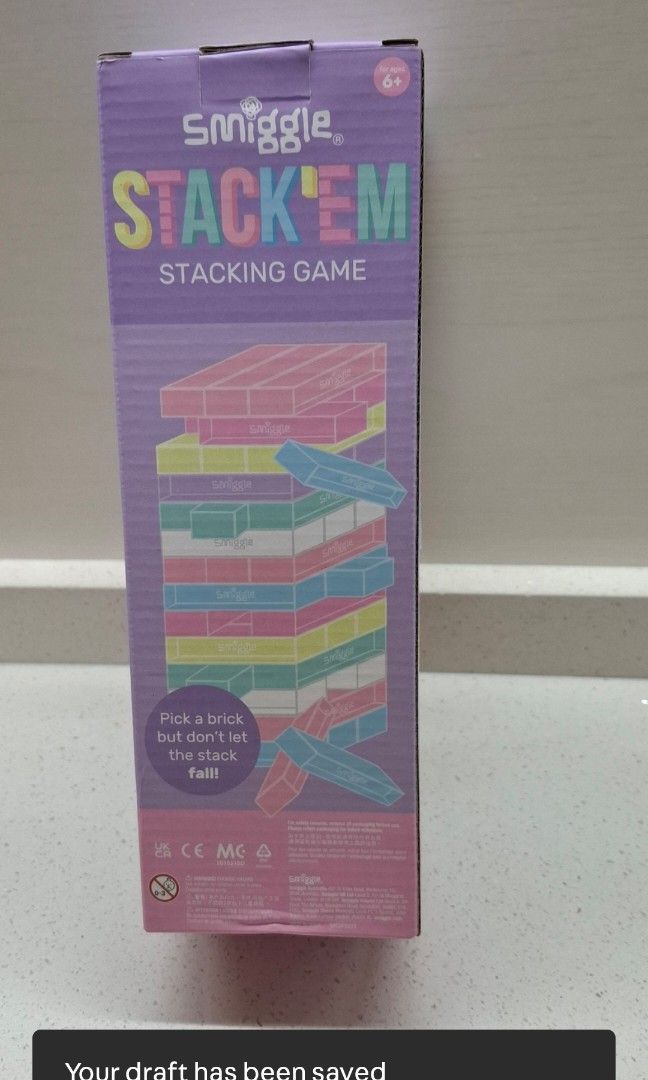 Smiggle Stack 'Em Stacking Game (Category: Board Games & Puzzles) located in Singapore. Submitted by twinkle8ight (Listing ID 1450187157, Image 3). Description: - Smiggle Stack 'Em game - Perfect for family game nights or playing with friends - Comes in original packaging - Simple and fun stacking gameplay.