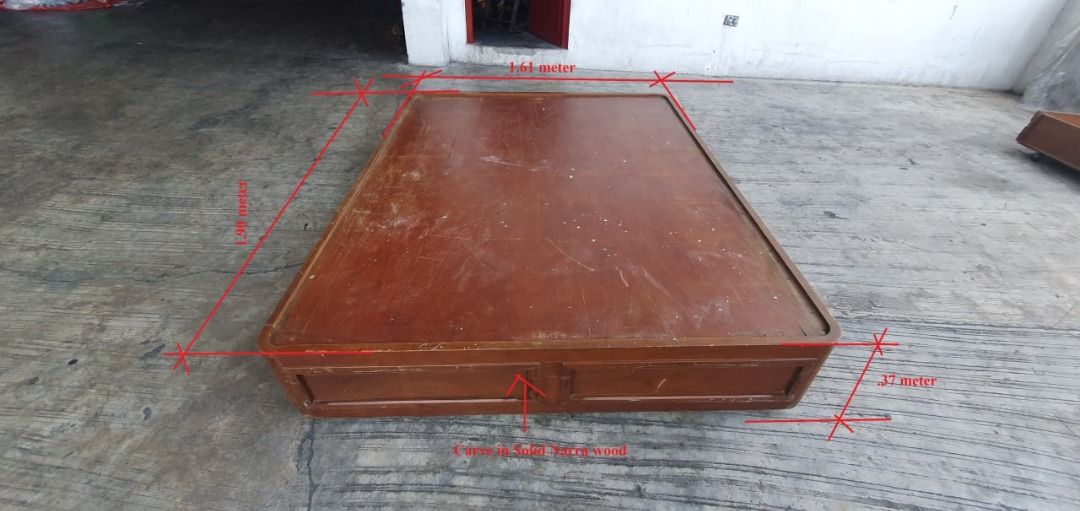 Vintage Narra Queen Size Bed Frame with Pullout Storage & Single Bed (Category: Bed Frames & Mattresses) located in San Juan City. Submitted by jbq11 (Listing ID 1450182723, Image 2). Description: - 2 pullout drawers on 1 side, pullout single bed on other side - Approx. dimensions: 1.90m (L) x 1.61m (W) x 0.37m (H).