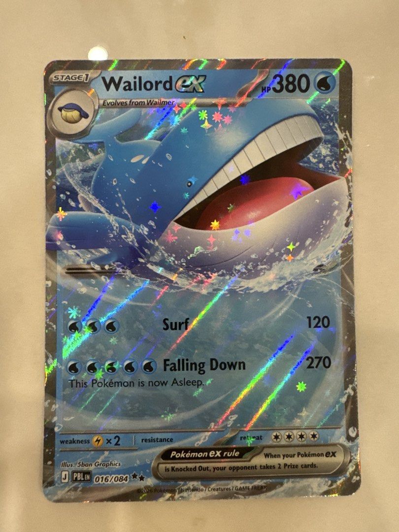 Wailord EX Pokemon Card (Category: Toys & Games) located in Kuala Lumpur. Submitted by yenyi92 (Listing ID 1450282973, Image 1). Description: - Wailord EX Full Art Pokemon Card (016/084) - Stage 1 - HP: 380 - Attacks: Surf (120 damage), Falling Down (270 damage) - Weakness: Fighting x2 - Resistance: Grass - Pokemon EX Rule applies.