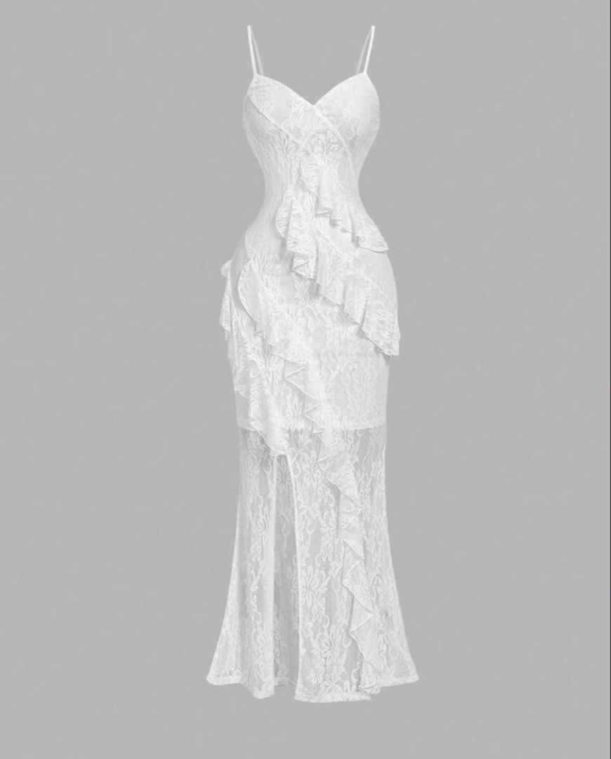 White Lace Ruffle Maxi Dress Spaghetti Straps (Category: Dresses) located in Manila. Submitted by graciouslygraceee (Listing ID 1450242433, Image 1). Description: - Stunning white lace maxi dress - Delicate spaghetti straps - Beautiful ruffled overlay detail - Sheer lace bottom for a dramatic effect - Flattering mermaid/trumpet silhouette - Ideal for formal events, parties, and special occasions - Size: Extra Small (XS).