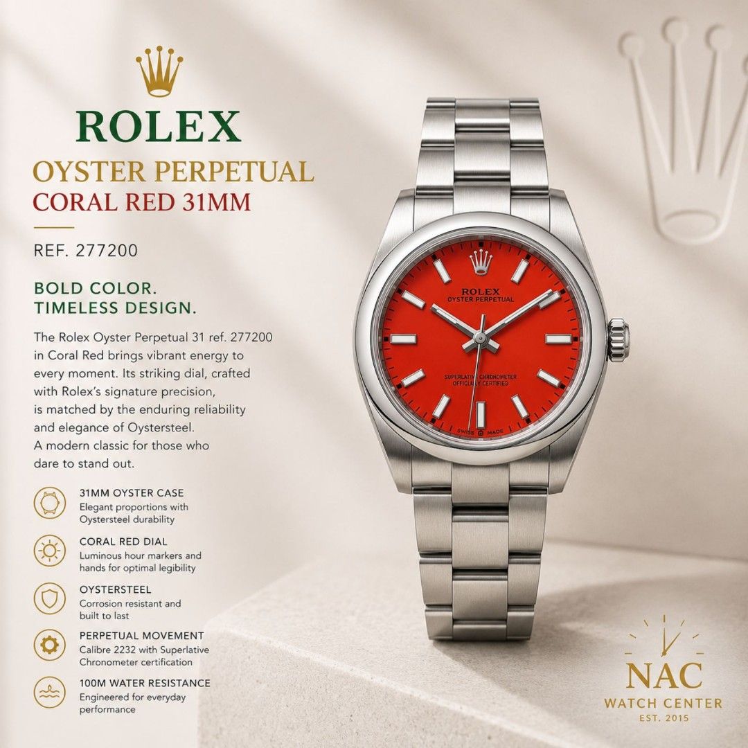 2021 Rolex OP31 Coral Red (Category: Luxury Watches) located in Mandaluyong City. Submitted by 88nac (Listing ID 1450368030, Image 1). Description: 🚨🚨 2021 OP31 Coral Red 31mm 2021 - Foreign AD 277200 Red Dial Full set 9.8/10 condition 638k Negotiable PM for inquiries.