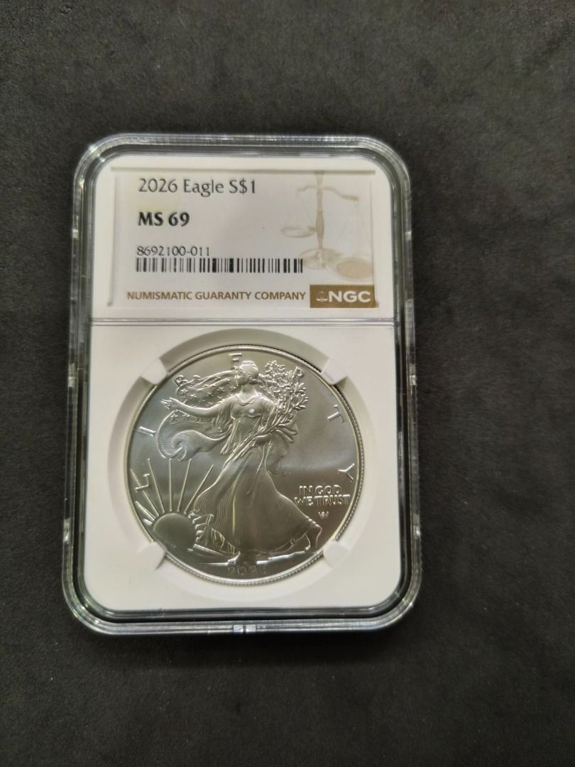 2026 NGC MS 69 American Silver Eagle Dollar Coin (Category: Currency) located in Quezon City. Submitted by whiterabbitcollectibles (Listing ID 1450335757, Image 1). Description: - 2026 American Silver Eagle Dollar Coin - Graded MS 69 by NGC (Numismatic Guaranty Company) - 1 oz of.999 Fine Silver - Certified and protected in an NGC slab The American Silver Eagle is the official silver bullion coin of the United States, first released in 1986. Stru