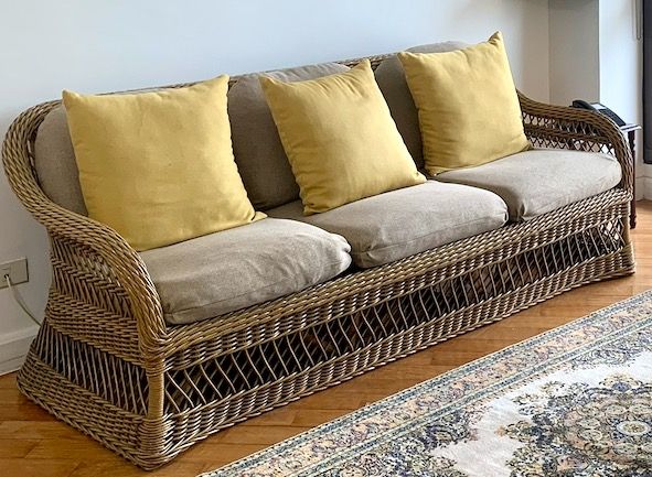 3-pc rattan sofa set with cushions (Category: Sofas) located in Makati City. Submitted by furmommah_3 (Listing ID 1450325454, Image 2). Description: 3-seater sofa with 2 arm chairs. Light brown rattan with beige cushions and yellow throw pillows. .