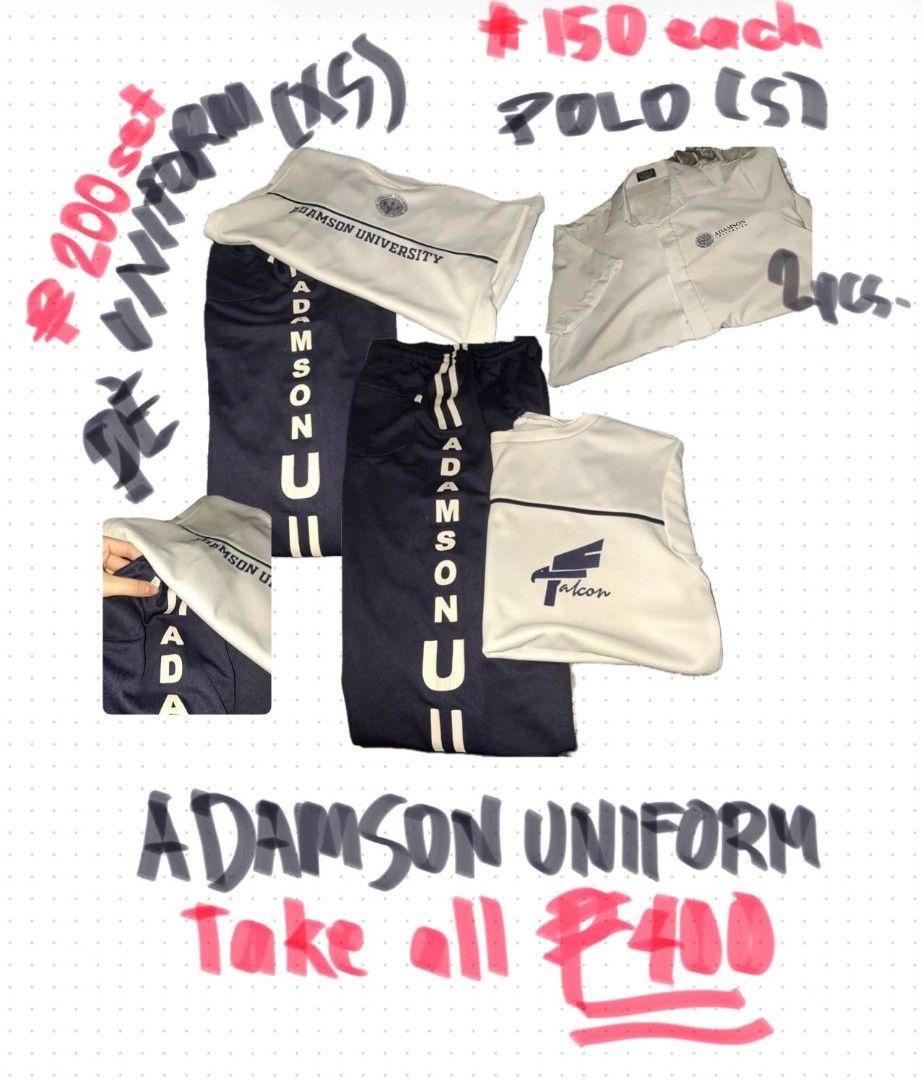 Adamson University Uniform Set - XS & S Sizes (Category: Blouses) located in Manila. Submitted by eli959 (Listing ID 1450485090, Image 1). Description: - Adamson University Uniforms - XS PE UNIFORM Set (Top & Pants): P200 - S Polo Shirt: P150 (2 available) - Bundle Deal: All 4 items for P400 .
