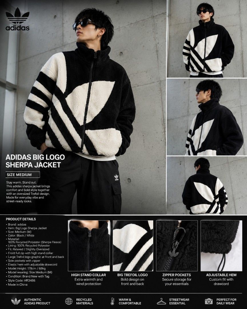 Adidas Big Logo Sherpa Jacket Medium Black White (Category: Coats, Jackets and Outerwear) located in Manila. Submitted by niggzreyno51476 (Listing ID 1450427319, Image 1). Description: - Adidas Big Logo Sherpa Jacket - Size: Medium - Color: Black and White - Material: Made with recycled polyester - Features: High stand collar for warmth and wind protection - Design: Big Trefoil logo on front and back - Pockets: Zipper pockets for secure storage -
