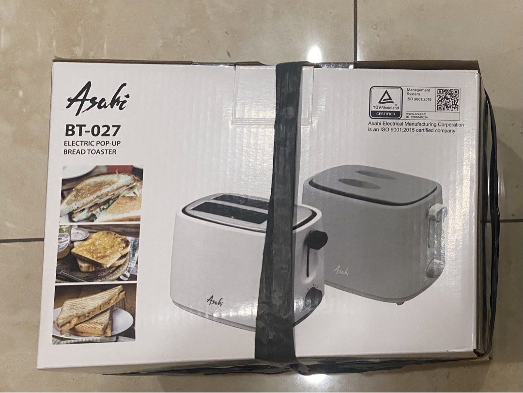 Asahi Electric Pop-up Bread Toaster (Category: Ovens & Toasters) located in Pasay City. Submitted by kkalien (Listing ID 1450428980, Image 1). Description: Asahi Electric Pop-up Bread Toaster BT-027 Pop-Up Bread Toaster 2 bread slice capacity Color: White 750W 6 toasting settings Stainless steel top plate Cord winder storage Easy open hinged crumb trays With cover Double insulated AC cord Dimensions: 25 x 14.6 x 16.8 cm (L x W x H) The shipping f