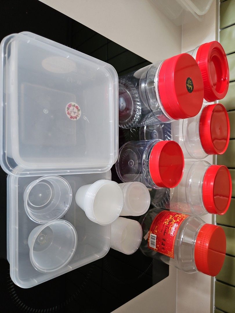 Assorted Plastic Food Storage Containers with Red Lids