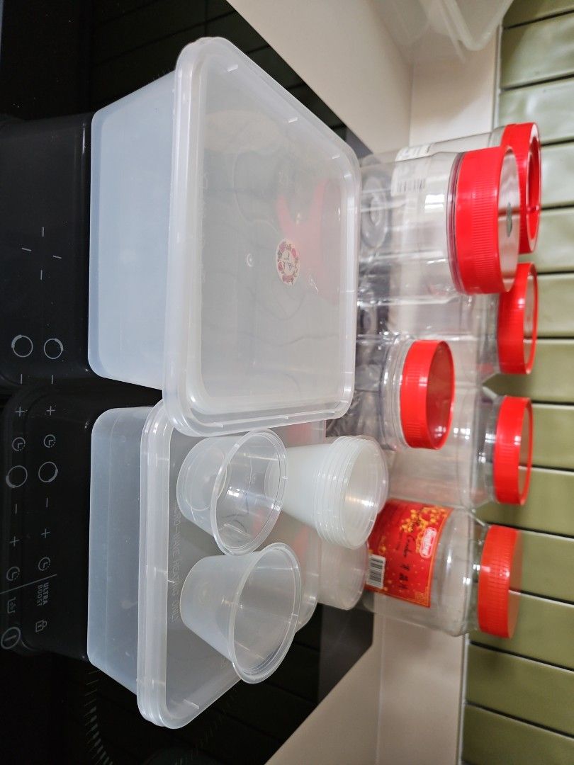 Assorted Plastic Food Storage Containers with Red Lids512669707068385281