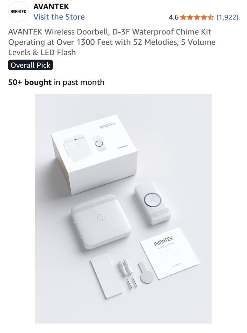 AVANTEK D-3F Wireless Doorbell Waterproof Chime Kit (Category: Peephole Viewers & Doorbells) located in Caloocan City. Submitted by janine2006 (Listing ID 1450367965, Image 3). Description: - AVANTEK D-3F Wireless Doorbell - Waterproof and dust-proof (IP55) - Impressive 1300 feet operating range - 52 selectable melodies - 5 adjustable volume levels - Built-in LED flash alert - Transmitter battery lasts up to 3 years - Simple and easy installation