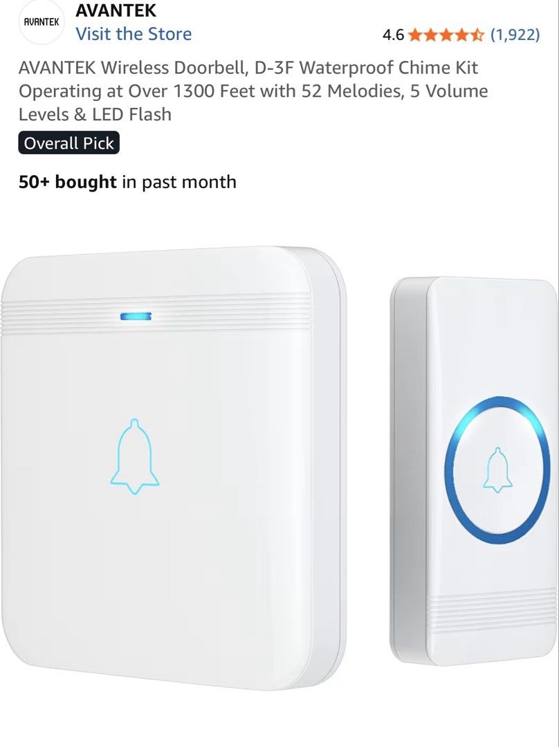 AVANTEK D-3F Wireless Doorbell Waterproof Chime Kit (Category: Peephole Viewers & Doorbells) located in Caloocan City. Submitted by janine2006 (Listing ID 1450367965, Image 1). Description: - AVANTEK D-3F Wireless Doorbell - Waterproof and dust-proof (IP55) - Impressive 1300 feet operating range - 52 selectable melodies - 5 adjustable volume levels - Built-in LED flash alert - Transmitter battery lasts up to 3 years - Simple and easy installation