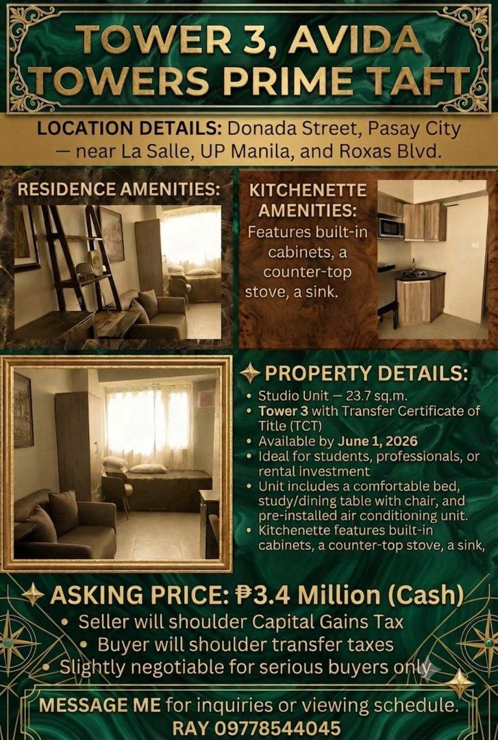 Avida Prime Taft Studio Tower 3 (Category: Apartments & Condos) located in Cainta. Submitted by sannemig (Listing ID 1450433910, Image 1). Description: Avida Towers Prime Taft Condominium Studio type 22.08 SQ.M | 237.67 SQ.FT Now furnished, from bare! Location: Taft Avenue near De La Salle University Taft Last Price: 3,400,000 Right at the heart of three major cities, Manila, Pasay, and Makati - lies Avida Towers Prime Taft the center of A+ life.