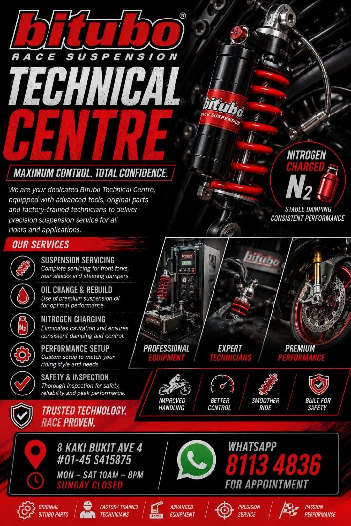 Bitubo Suspension Servicing (Category: Motorcycle Accessories) located in Singapore. Submitted by equipmentextreme (Listing ID 273166330, Image 1). Description: Bitubo WMT WME WMB YGB XZE XXF XXZ JBH ECH EBH Servicing. Clean, replace seals, oring, piston seals & oil. Nitrogen charging. Done on the Spot with your supervisions Want to know more about your bike? Visit us today @ Equipment Extreme 8 kaki bukit ave 4 #01-45 S415875 Mon-Sat 10-8Pm 8113