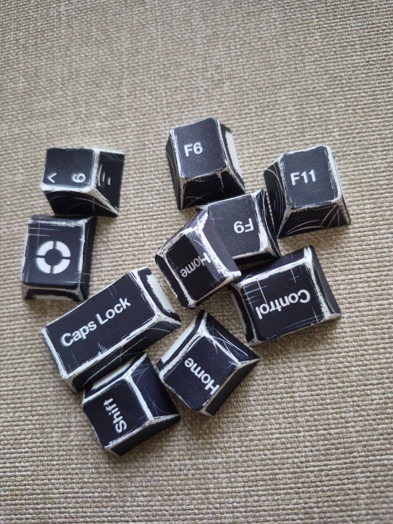 Black Comic and Typewriter Keycaps (Category: Computer Keyboard) located in Marikina City. Submitted by earnestaustria (Listing ID 1450346848, Image 1). Description: unused typewriter style and black comics style keycaps brand new 600 for both sets RFS: decluttering.