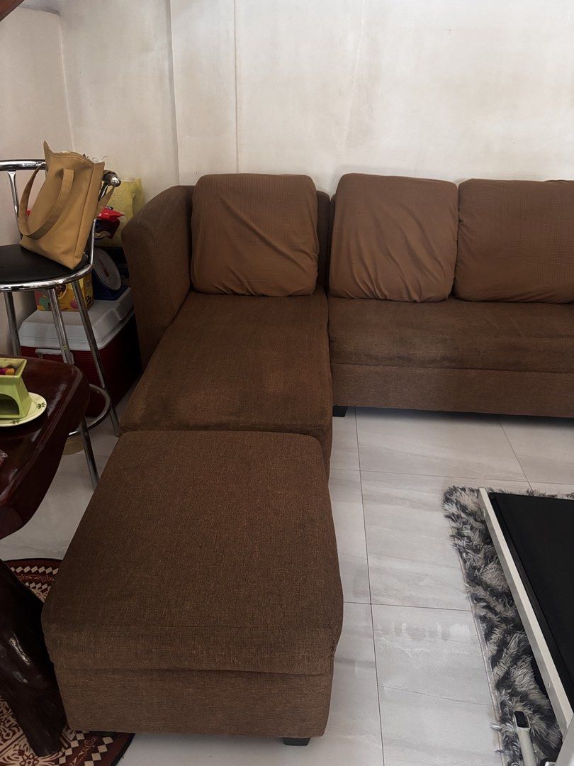 Brown L-Shape Sectional Sofa / Living Room Couch (Category: Sofas) located in Angono. Submitted by arah123567 (Listing ID 1450322746, Image 3). Description: - Brown L-shaped sectional sofa - Comfortable fabric upholstery - Ideal for small to medium living spaces - Needs a new home! - Pick up only.