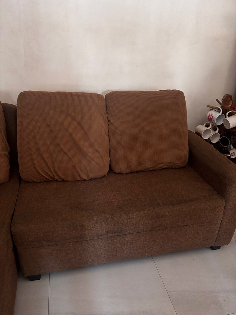 Brown L-Shape Sectional Sofa / Living Room Couch (Category: Sofas) located in Angono. Submitted by arah123567 (Listing ID 1450322746, Image 2). Description: - Brown L-shaped sectional sofa - Comfortable fabric upholstery - Ideal for small to medium living spaces - Needs a new home! - Pick up only.