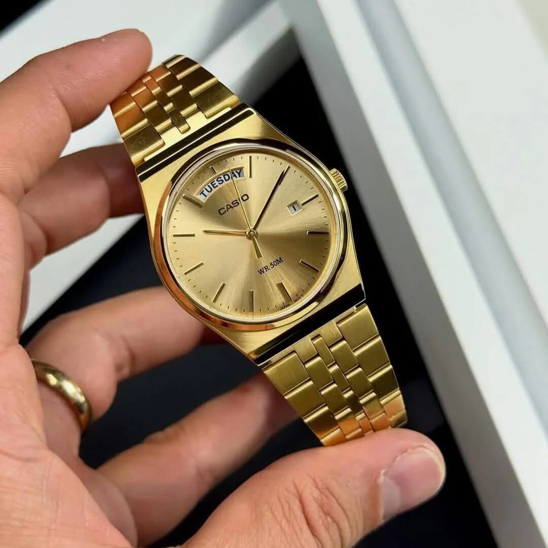 Casio Gold Watch MTP-B146G-9 (Category: Luxury Watches) located in Manila. Submitted by seikowatchfactory (Listing ID 1450398234, Image 2). Description: BNIB 10/10 Authentic Casio Watch Model: MTP-B146G-9A Price: 3999 Specifications: Case Size: 40.8 x 35 x 8mm Weight: 85g Case and Bezel material: Stainless Steel 50-meter Water Resistance Stainless Steel Band One-touch 3-fold clasp Approx. battery life: 3 years on SR920W Mineral glass Gold ion pla