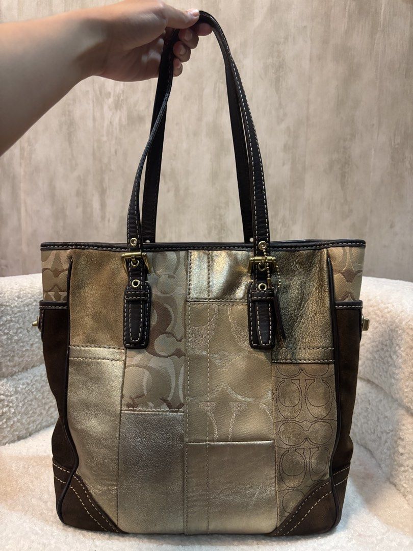 Coach Patchwork Signature Tote Bag Gold Brown (Category: Luxury Bags & Wallets) located in Manila. Submitted by _thepursela (Listing ID 1450418061, Image 2). Description: - Authentic Coach patchwork tote bag - Signature C print combined with gold and brown panels - Genuine leather trim and handles - Convenient side pocket with secure turn-lock closure - Spacious interior for all your essentials - Ideal for daily use.