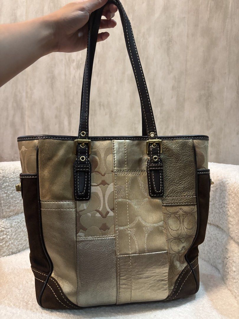 Coach Patchwork Signature Tote Bag Gold Brown (Category: Luxury Bags & Wallets) located in Manila. Submitted by _thepursela (Listing ID 1450418061, Image 3). Description: - Authentic Coach patchwork tote bag - Signature C print combined with gold and brown panels - Genuine leather trim and handles - Convenient side pocket with secure turn-lock closure - Spacious interior for all your essentials - Ideal for daily use.