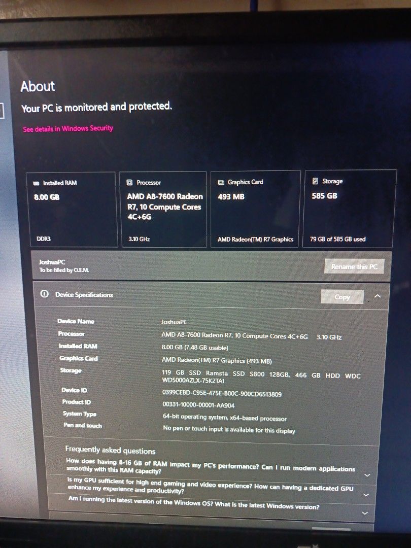 Computer (Category: Desktops) located in Manila. Submitted by suhwaa (Listing ID 1450473183, Image 3). Description: FOR SALE/SWAP pref: tablet swapping price is higher than selling. SPECS: AMD A8-7600 Radeon R7 (4 Cores, 3.10 GHz) 8GB DDR3 RAM 128GB SSD 500GB HDD AMD Radeon R7 Graphics INCLUSIONS: YGT Monitor Keytech RGB Keyboard Gaming Mouse Speakers Long LAN Cable System Unit Webcam Headset no issues nagagamit normally not overheating depending