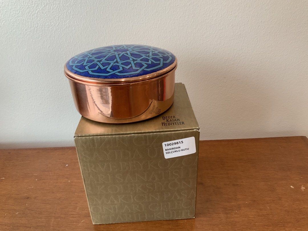 Copper Trinket Box with Blue Geometric Enamel Lid (Category: Accessory Holder, Box & Organizers) located in Makati City. Submitted by nfb1234 (Listing ID 1450349147, Image 2). Description: - Beautiful copper trinket box - Vibrant blue enamel lid with geometric pattern - Ideal for storing jewelry, keepsakes, or small treasures - Copper has a lovely shine - Includes original box - Made in Turkey Brand Pasabache.