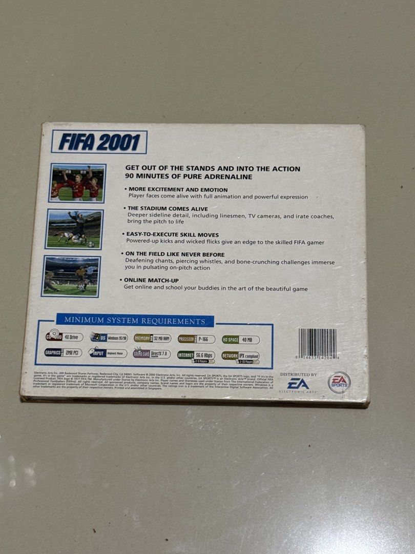 EA Sports FIFA 2001 PC Game (Category: Others) located in Manila. Submitted by derrickgua31823 (Listing ID 1450504233, Image 2). Description: - Get into the action with FIFA 2001 for PC! - Experience pure emotion and excitement with full animation. - Features deeper sideline detail, TV cameras, and irate coaches. - Master easy-to-execute skill moves. - Play online and school your buddies. - Minimum system requirements listed on the back..