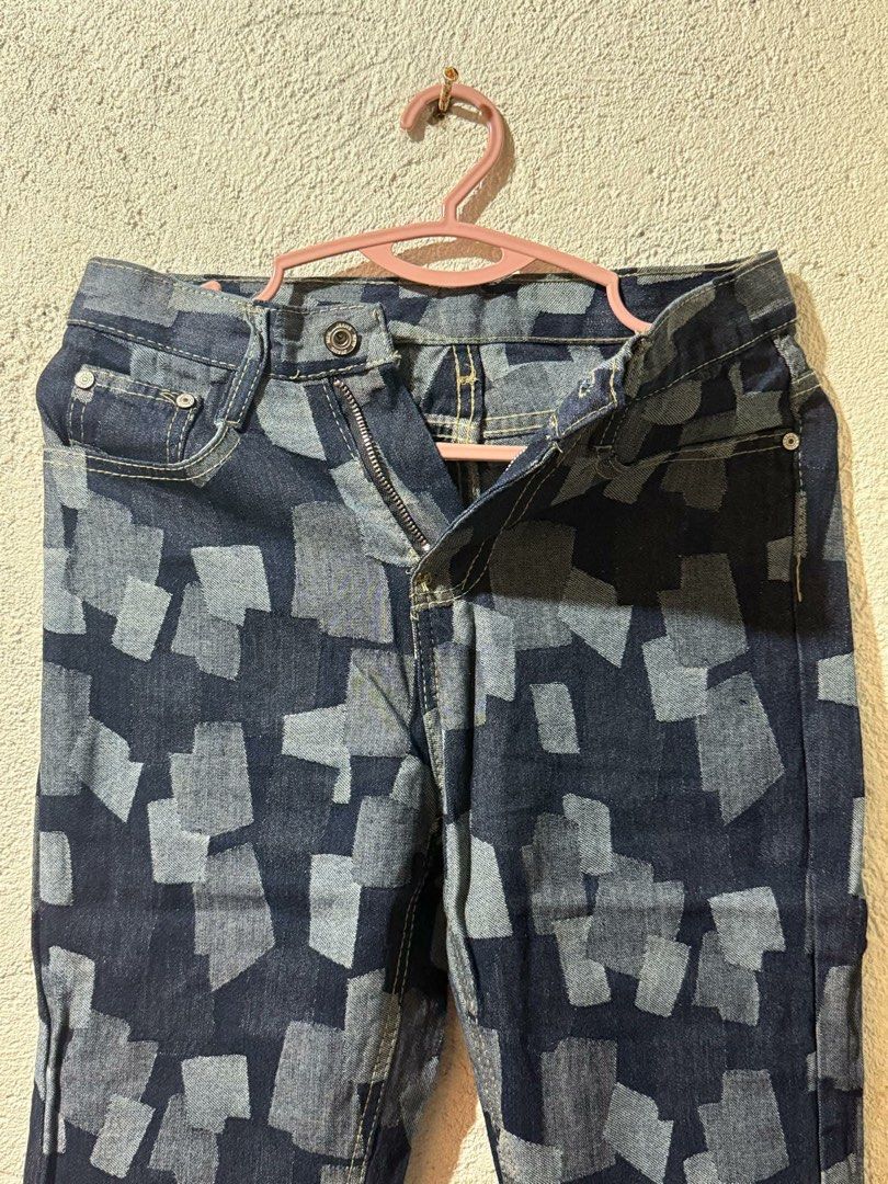 Geometric Print Wide Leg Jeans (Category: Jeans) located in Cavite. Submitted by lovelyjoy.dablo (Listing ID 1450363827, Image 3). Description: Jayson wide leg jeans with cool geometric print. Dark blue with light blue squares. Button/zip front, front/back pockets. Casual & stylish. Sage green convertible infinity dress. Stretchy tube top, flowy tulle skirt. Versatile tying options. Perfect for bridesmaids/events. Size: 25 Fabric: Denim New. Neve