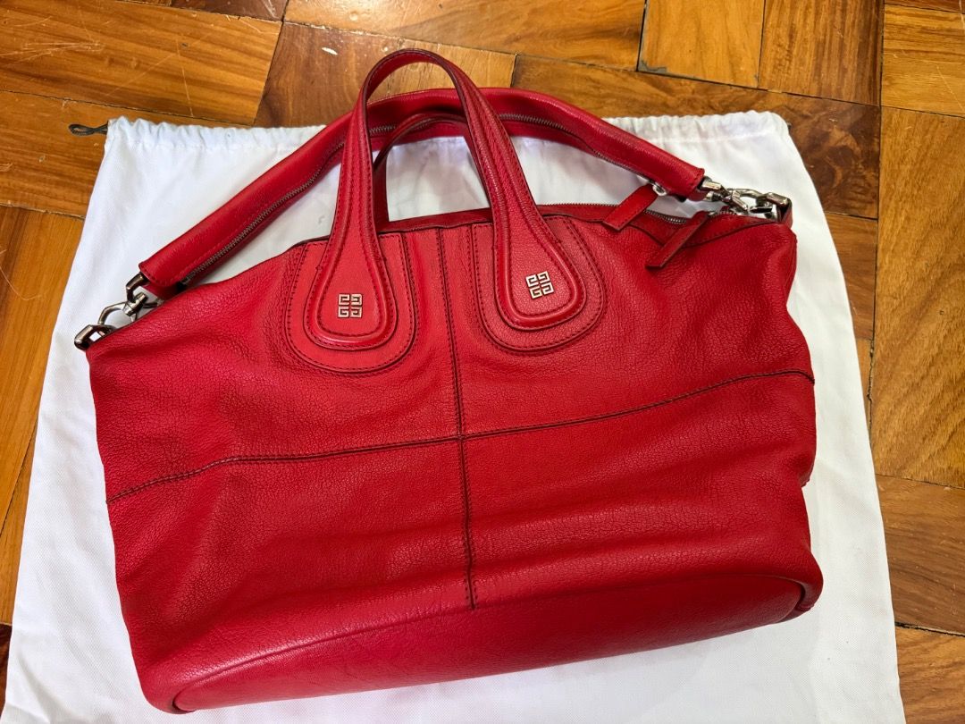 Givenchy Medium Red Leather Nightingale Bag (Category: Luxury Bags & Wallets) located in Quezon City. Submitted by bianxcloset (Listing ID 1450357056, Image 2). Description: - Authentic Givenchy Nightingale Bag - Color: Red Leather - Features iconic Givenchy logo hardware - Spacious interior with zippered pocket - Comes with original dust bag - Ideal for everyday use - Note: Shows some signs of wear on handles and leather.