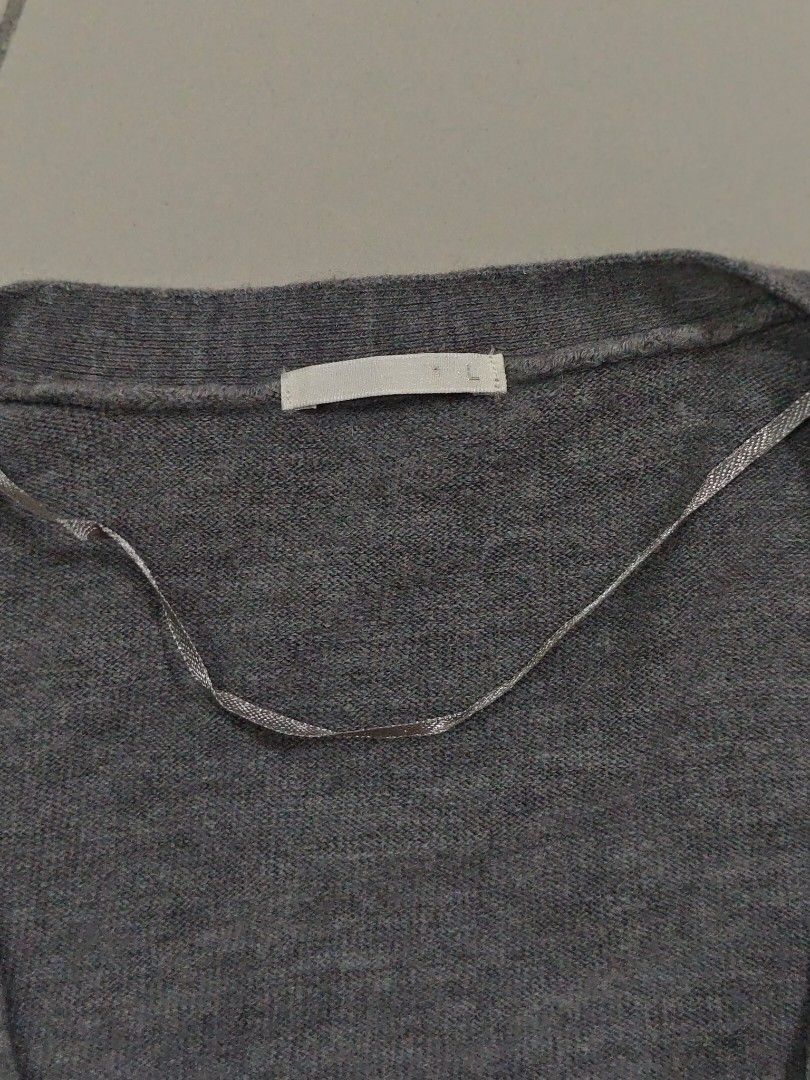 Grey V-neck Button-up Cardigan (Category: Coats, Jackets and Outerwear) located in Kuala Lumpur. Submitted by hurrul89 (Listing ID 1450405695, Image 3). Description: - Simple grey cardigan - V-neck with button closure - Long sleeves - Basic knit style - Small ribbon detail on inside seam - Ideal for layering.