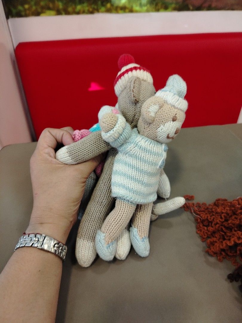 Knitted Teddy Bear, Monkey, and Cat Plush Toys (Category: Plushies & Soft Toys) located in Manila. Submitted by purediamond888 (Listing ID 1450417057, Image 2). Description: - Set of 3 cute knitted plush toys - Includes a teddy bear in pajamas, a monkey in a hat, and a cat - All three toys are hugging each other - Soft and cuddly material - Ideal for children's play or as a charming decoration - Makes a perfect gift.