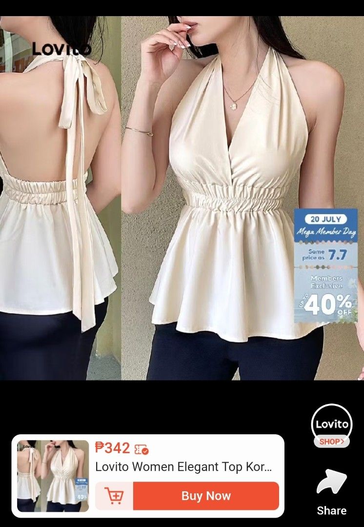 Lovito Women Elegant Halter Neck Top (Category: Sleeveless) located in Quezon City. Submitted by addyyy19 (Listing ID 1450468397, Image 3). Description: - Lovito cream halter neck top - Elasticated waist for a flattering fit - Ties at the back of the neck - Versatile for night outs or casual days - Pairs well with jeans or skirts.