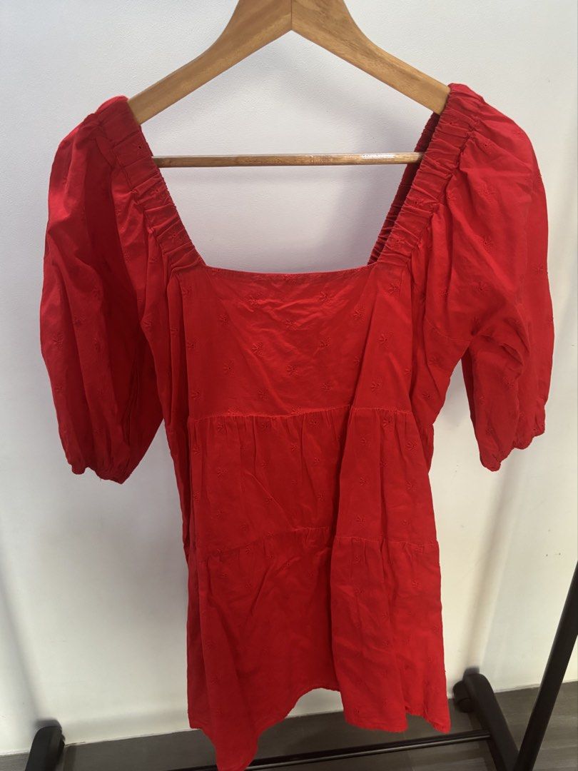 Mango Red Square Neck Eyelet Mini Dress (Category: Dresses) located in Mandaue City. Submitted by offthehanger26 (Listing ID 1450380374, Image 2). Description: - Best fits s-m frames - Ideal for birthdays, casual wear, or parties - Small embroidered floral details all over🌹.