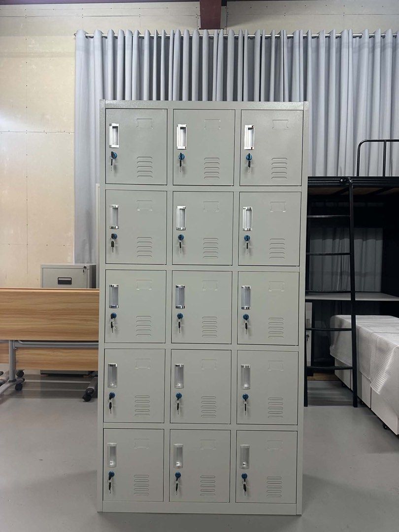 Metal Lockers with Keys - Multiple Units Available (Category: Office Furniture & Fixtures) located in Caloocan City. Submitted by ktc2020 (Listing ID 1450399154, Image 2). Description: - Durable metal lockers - Individual compartments with keys - Ideal for gyms, offices, and schools - Ready for pickup - Inquire for specific quantities 9, 12, 15 doors Metal Storage Locker available!! 6 doors - ( 1,800 x 900 x 380mm) P7,250 9 doors - ( 1,800 x 900 