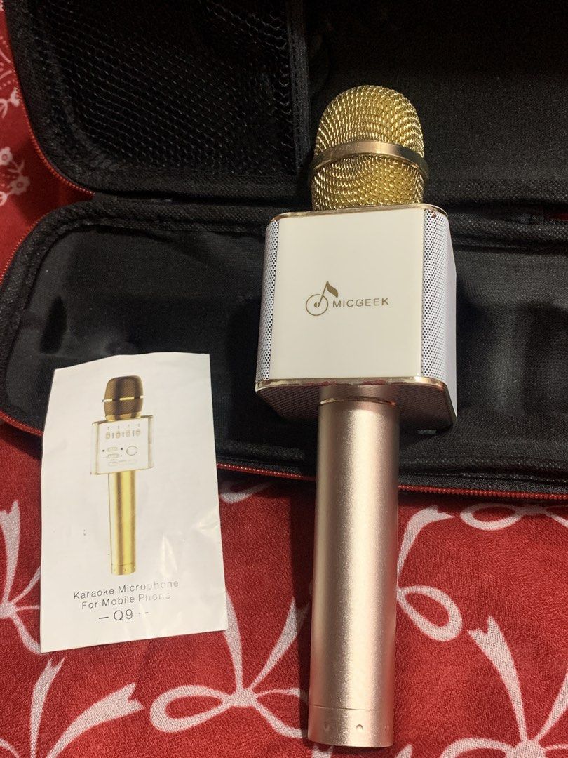 MICGEEK Q9 Karaoke Microphone with Case (Category: Microphones) located in Manila. Submitted by elaitems (Listing ID 1450493810, Image 3). Description: - MICGEEK Q9 Karaoke Microphone - Available in Gold and Rose Gold - Connects directly to your mobile phone - Includes original case and manual - flaws: Case but the mic still works.