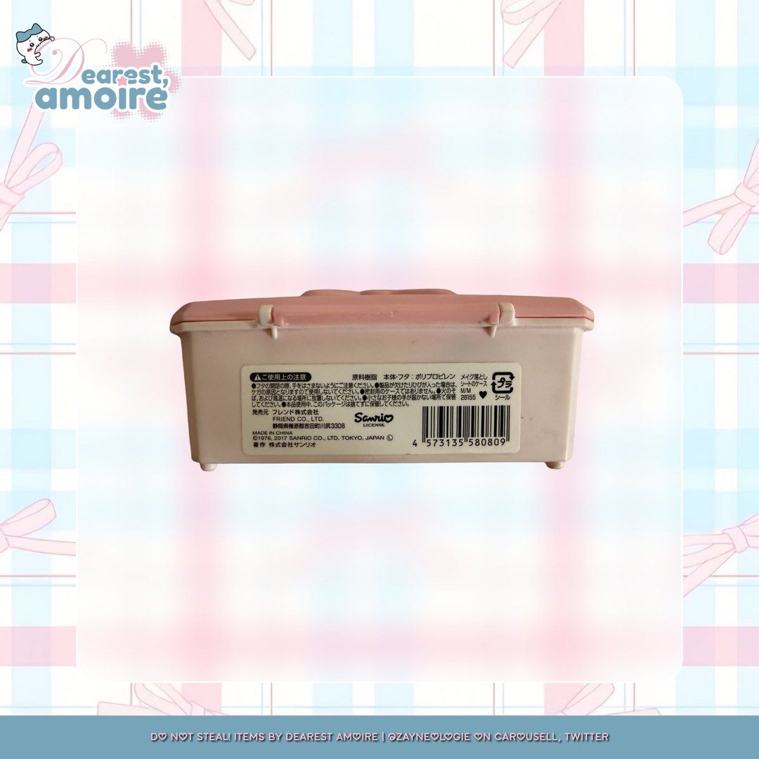 My Melody Organizer Box (Category: Home Improvement Tools & Accessories) located in Cabuyao City. Submitted by zayneologie (Listing ID 1450389350, Image 3). Description: MY MELODY WIPES BOX & ORGANIZER 𝐃𝐄𝐓𝐀𝐈𝐋𝐒 : • negotiable but not baratable, badly need funds for college. • with crack in the cover, thus the price • expect slight signs of agining (dust, wear & tear, etc.) • bought from daiso japan, not sure lang sa price 𝐈𝐍𝐂𝐋𝐔𝐒𝐈𝐎𝐍