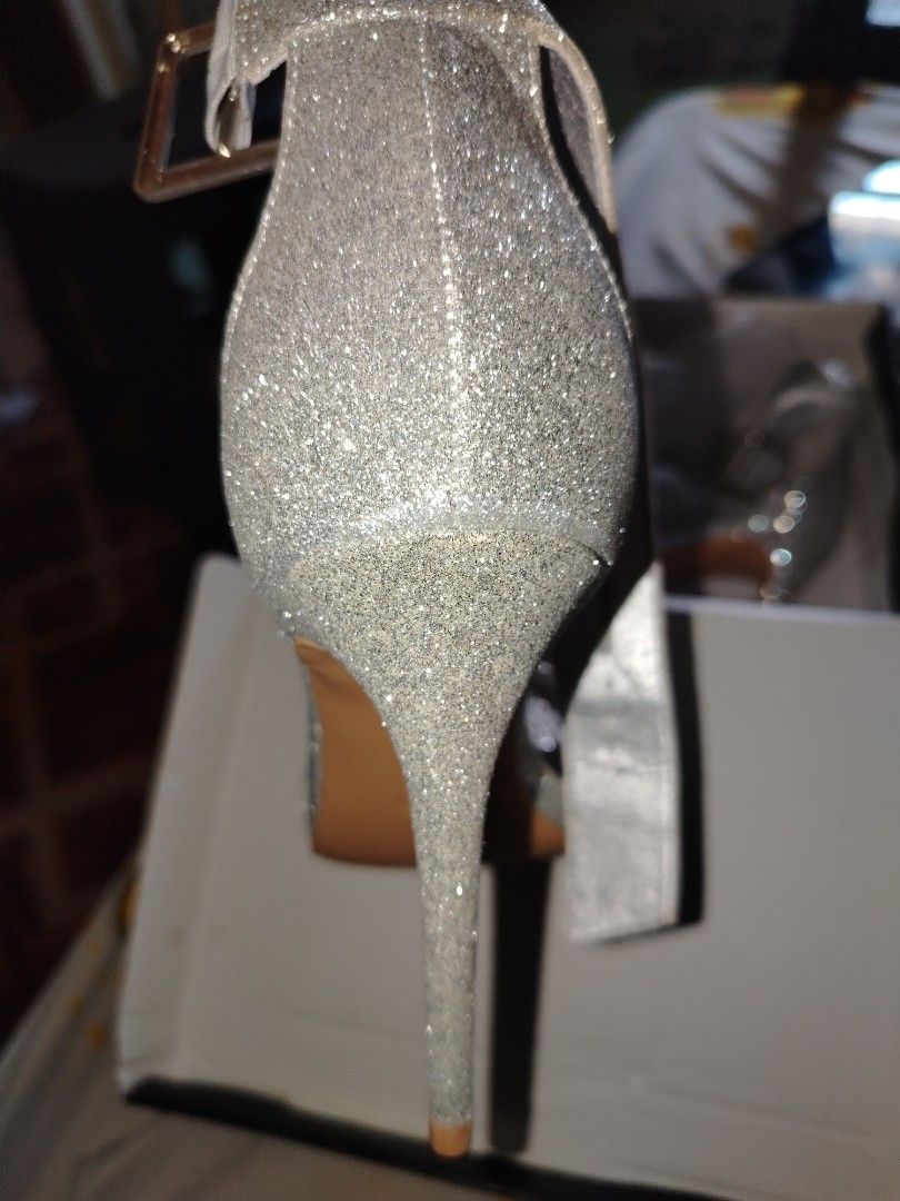 Mysoft Silver Glitter Stiletto Heels with Ankle Strap (Size 7.5) (Category: Heels) located in Taguig. Submitted by fromvenicee (Listing ID 1450352803, Image 3). Description: Condition: Worn once for a prom and never been used since then. Heel Height: 4 inches Perfect For: Prom, weddings, formal evening events, or parties! Comes with its box and dust bag.