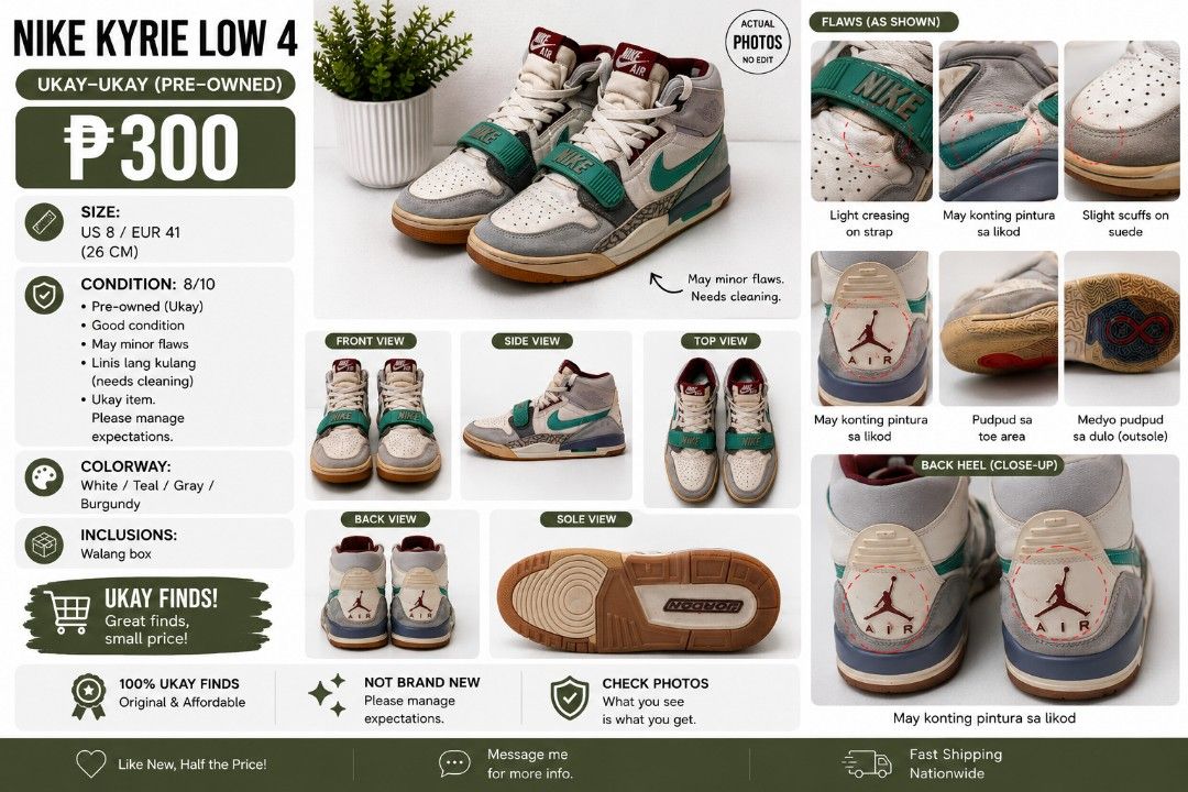 Nike Kyrie Low 4 UKAY UKAY (Pre-Owned) (Category: Casual Shoes) located in Manila. Submitted by wisebird_912e51 (Listing ID 1450451753, Image 1). Description: - Nike Kyrie Low 4s - Size: US 8 / EUR 41 (25 CM) - Colorway: White, Teal, Grey, Burgundy - Condition: Pre-owned - Includes: No box - Price: Great find, small price! -ukay item. Please manage expectations..