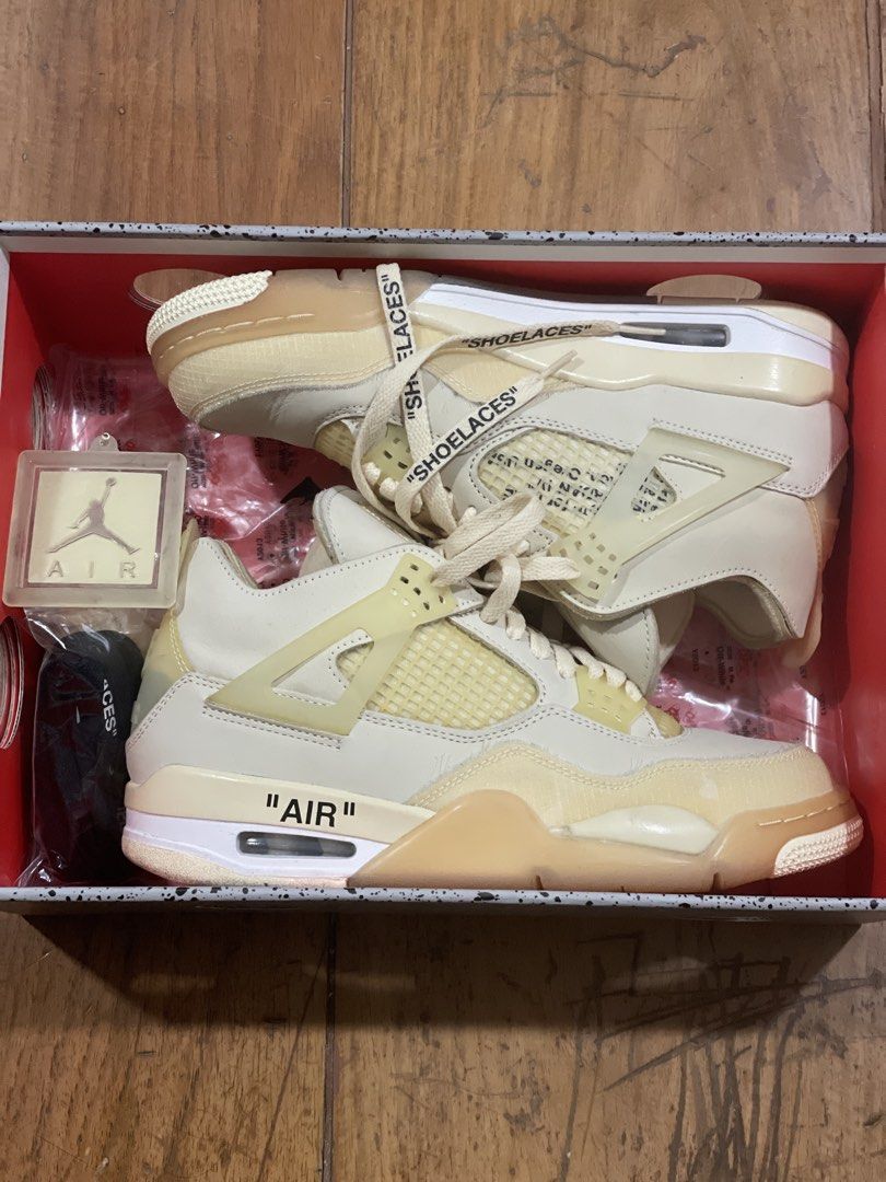 Off-White x Air Jordan 4 Retro Sail (Category: Sneakers) located in Angono. Submitted by marketplacesellerph610 (Listing ID 1450462698, Image 1). Description: Authentic Barely used Off-White x Air Jordan 4 Retro Sail -Complete with receipt from titan - Can send extra pictures for serious buyers only! 10,500.