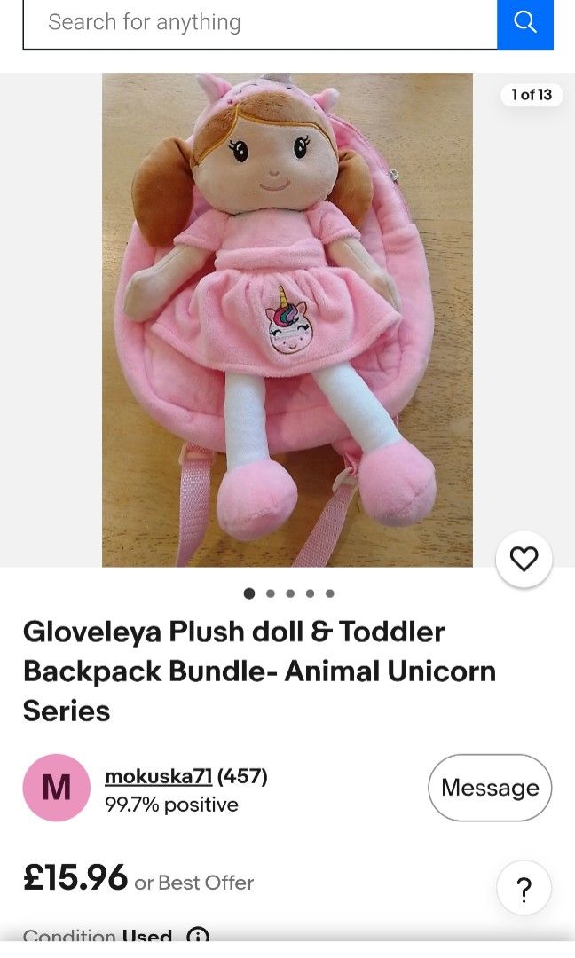 Original Gloveleya Bagpack (Category: Other Babies Going Out Needs) located in Manila. Submitted by mamemiii (Listing ID 1450367744, Image 3). Description: This is a Gloveleya plush unicorn toddler backpack and doll bundle featuring a pink unicorn-themed bag and a matching soft stuffed doll. Sa U.k nabili na reremove po yung Doll.