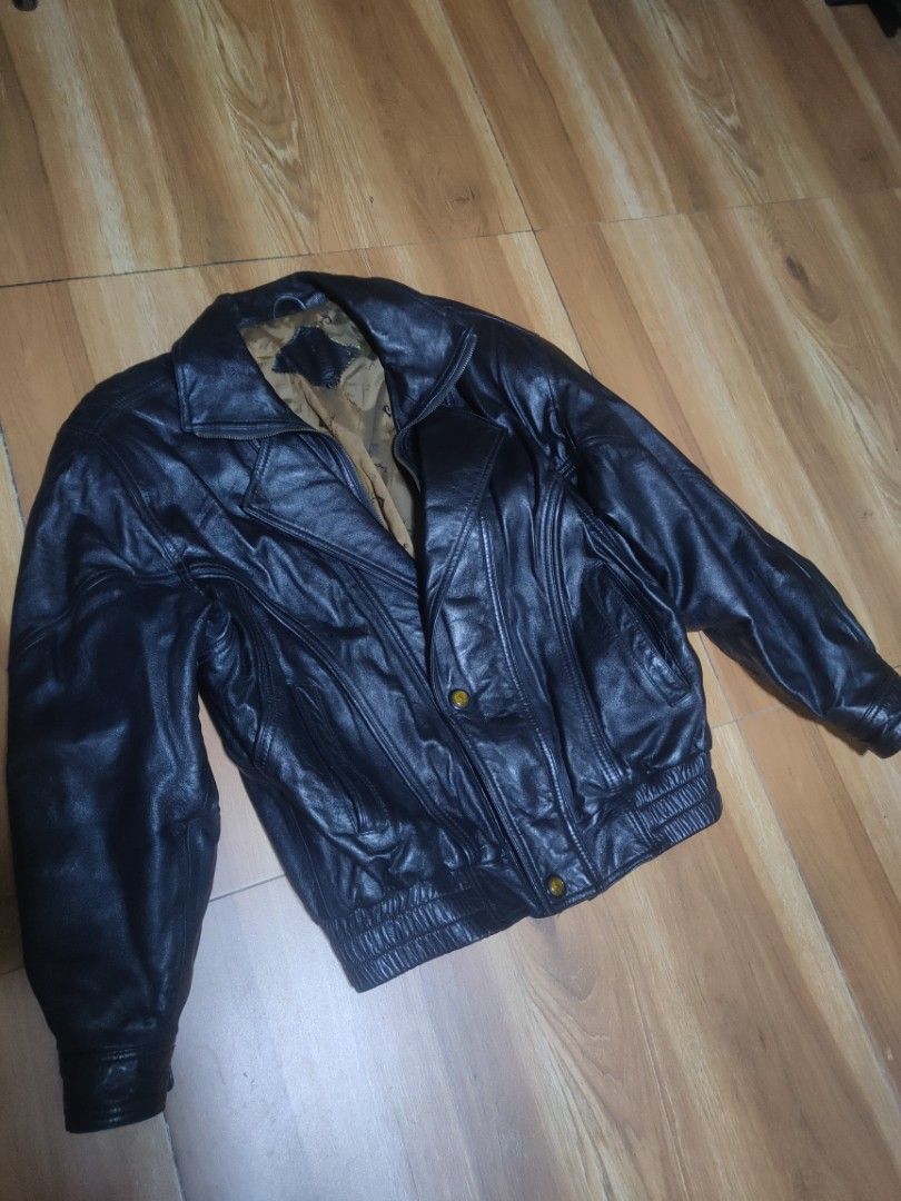 Pierre Cardin Oversized Black Leather Bomber/Biker Jacket (Category: Coats, Jackets and Outerwear) located in Mabalacat. Submitted by scienthrifts (Listing ID 1450501255, Image 1). Description: Selling this authentic vintage Pierre Cardin Genuine Leather Jacket (unisex). Very rare piece in excellent, near-mint condition! No leather cracking, no flaking, and well-maintained. Brand: Pierre Cardin (Paris) •Material: Heavyweight Premium Genuine Leath