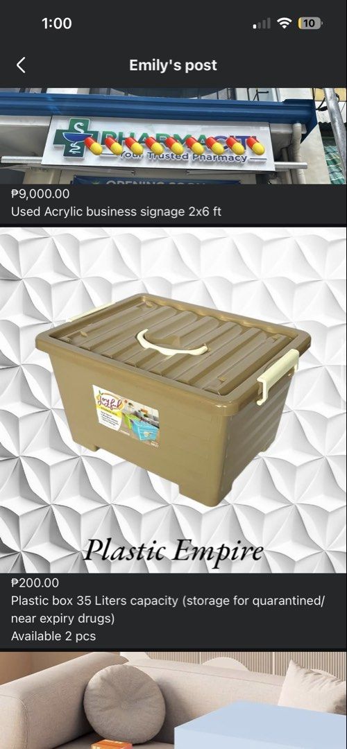 Plastic Box 35 Liters Capacity (Category: Storage Boxes & Baskets) located in Manila. Submitted by emi_. (Listing ID 1450385746, Image 1). Description: Selling a 35-liter plastic box. Great for storage, especially for quarantined items or near-expiry drugs. Available in 2 pieces. Get them now!.