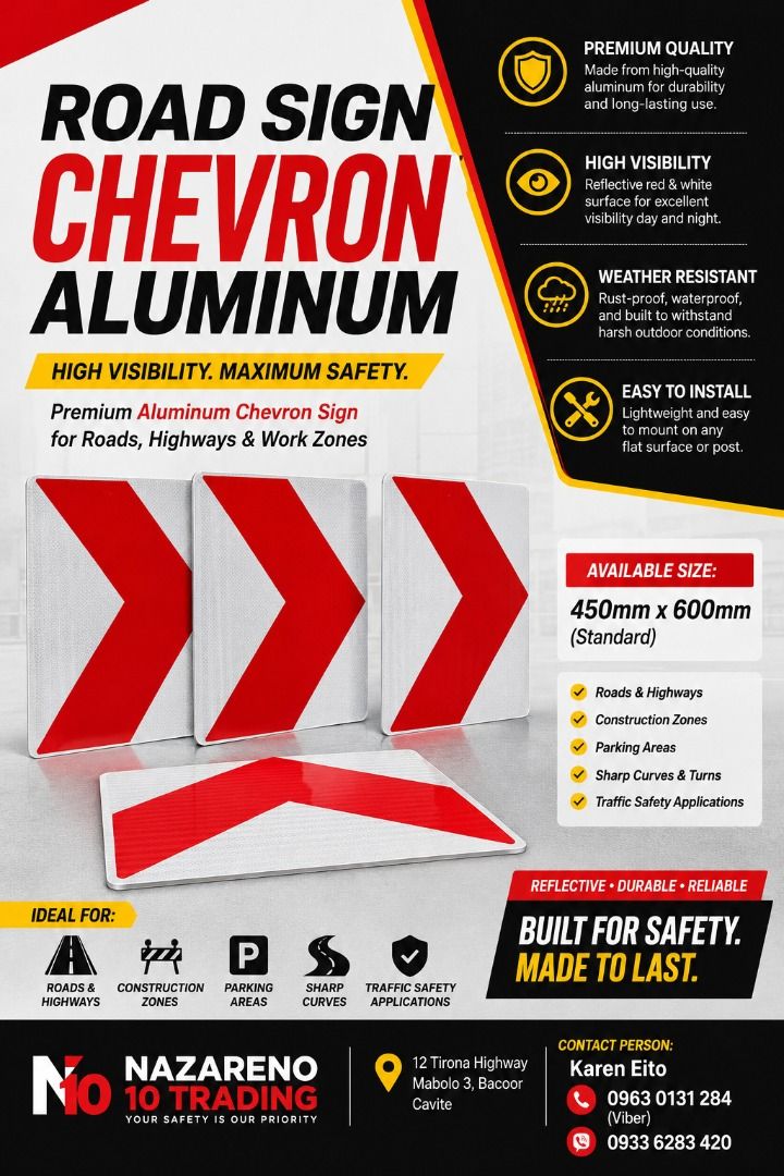 ROAD CHEVRON SIGN SAFETY SIGN (Category: Looking For) located in Bacoor. Submitted by kajezame.2021 (Listing ID 1450356944, Image 1). Description: ROAD CHEVRON SIGN SAFETY SIGN Also available: • Traffic cone • Parking Block stopper • Hooded trash bin • Road Plastic Barrier • Spill boom • Fishing buoy • Spill Kit • Stanchion Post • Rain Coat • Solar Arrow Board For More Details and Discount Contact Ms. Karen NAZARENO 10 TRADING 0963 0131 284 0933 