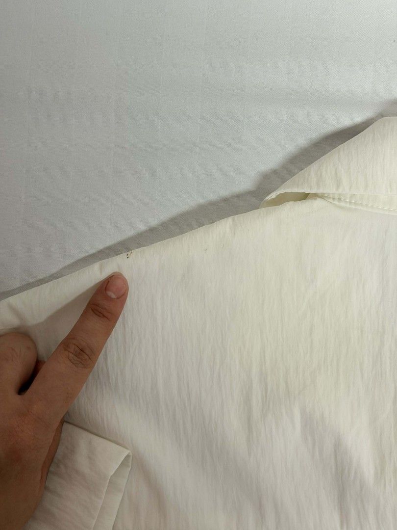 Shein White Short Sleeve Collared Shirt (Category: Blouses) located in Rizal. Submitted by urtmd (Listing ID 1450389340, Image 3). Description: - White short sleeve shirt - Collared neckline - Subtle textured stripe pattern fabric - Relaxed fit for comfortable casual wear - Minor faint marks on shoulder area (visible in the last photo) - Fits S-M.