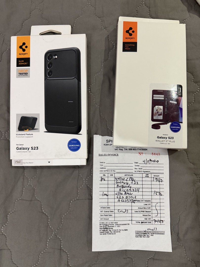 Spigen Galaxy s23 case (Category: Cases & Sleeves) located in Quezon City. Submitted by cluttergoods (Listing ID 1450424297, Image 1). Description: Opened but not used - wrong item 2 items bought for 3,450 .