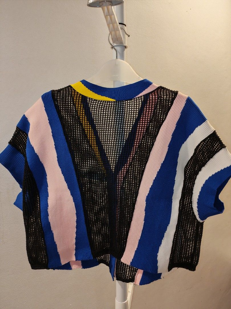Striped Mesh Knit Cropped Cardigan (Category: Coats, Jackets and Outerwear) located in Mandaluyong City. Submitted by trisha_001 (Listing ID 1450339472, Image 2). Description: - Cool cropped cardigan - Unique mesh knit design - Bold stripe pattern: blue, pink, white, yellow - Short sleeves - Button-up front - Versatile for layering or as a standalone piece - Makes a statement.