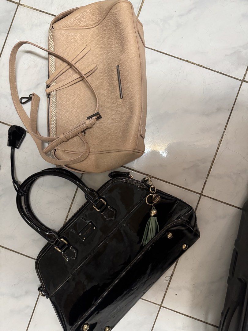 Take all branded bags (Category: Luxury Bags & Wallets) located in Malabon City. Submitted by jessibells (Listing ID 1450320654, Image 2). Description: - Black patent leather tote bag - Beige textured shoulder bag with metal accent - Beige leather slouchy tote with textured detail - All bags feature handles - Some bags include detachable straps - Versatile styles suitable for various occasions - Please check photos for detailed views.