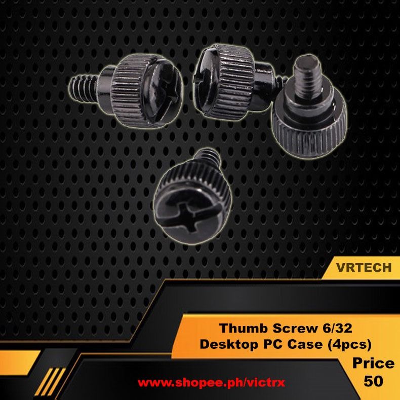 Thumbscrew 4pcs for Desktop PC Case (Category: Computer Parts) located in Quezon City. Submitted by victr2 (Listing ID 1450495225, Image 1). Description: Thumbscrew 4pcs for Desktop PC Case Package Contents 4pcs Thumbscrew A and B:computer case thumb screws suitable for DIY use of 3.5 thick desktop computers. Specifications: M3.5 (# 6-32) x 6mm Size: 6 #-32x5mm Phillips Size: (horizontal*Vertical) 4*8mm Overall Size: 14 x 9mm/0.55" x 0.35"(L*Max.
