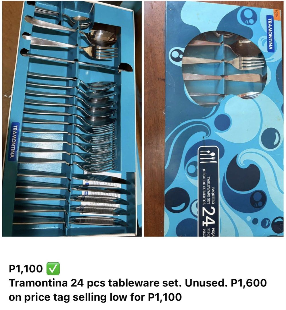 Tramontina 24 pcs Tableware Set (Category: Dinnerware & Cutlery) located in Bulacan. Submitted by styledamsel (Listing ID 1450325140, Image 1). Description: - Unused Tramontina 24-piece tableware set - Original Price: P1,600 - Selling Price: P1,100 - Complete set, excellent value for money.