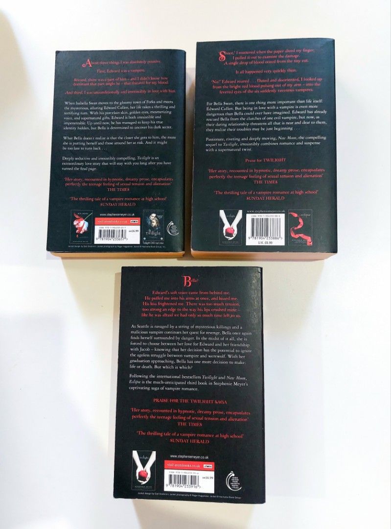 Twilight Saga by Stephenie Meyer | Twilight, New Moon, Eclipse, Breaking Dawn (Category: Storybooks) located in Tanauan. Submitted by solanathriftph (Listing ID 1450401805, Image 2). Description: 📚 major bookshelf clean out / clearance sale ~ — P220 each or take all for P600 (Eclipse has minimal writing on the first page) — lightly used — RFS: decluttering my bookshelves and switching to digital books — MOP: Gcash | fast shipping *feel free to s