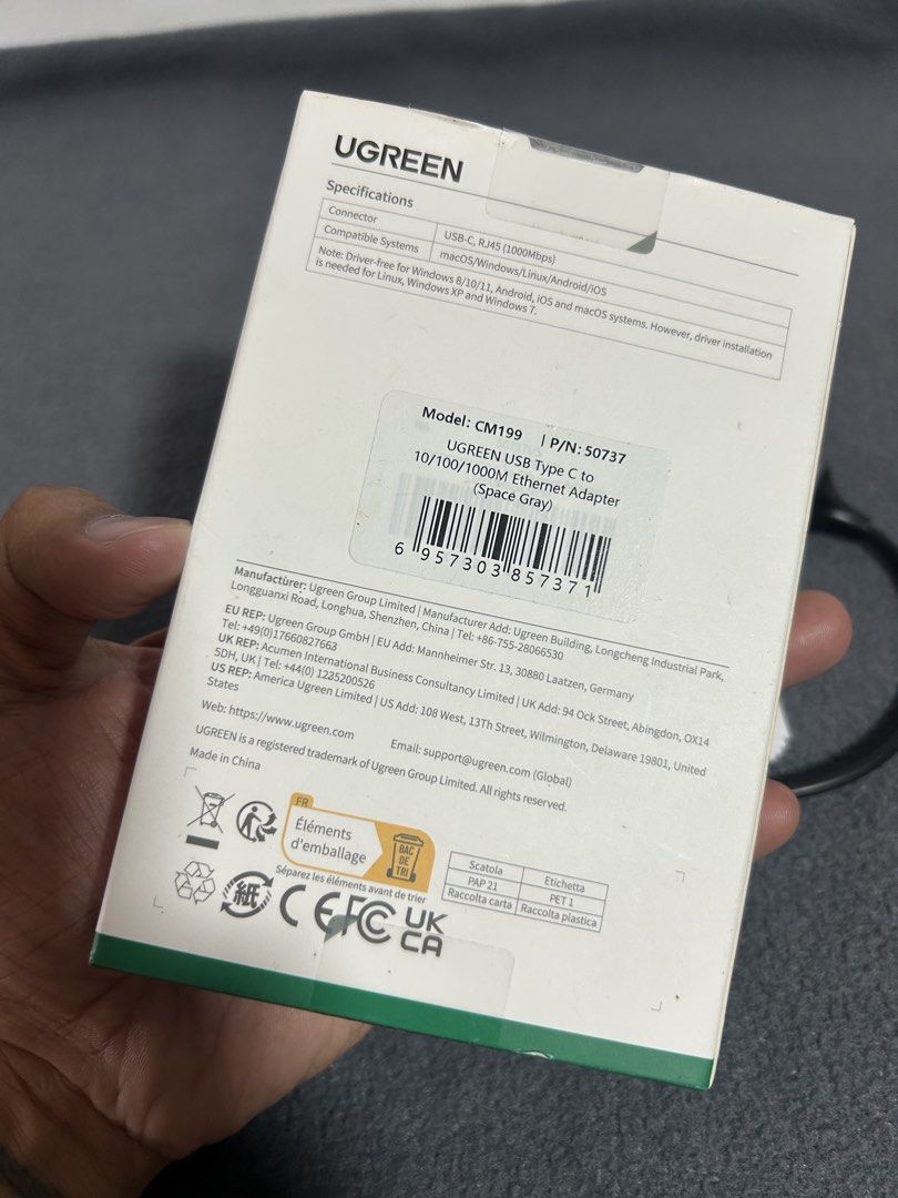 UGREEN USB-C to Gigabit Ethernet Adapter CM199 (Category: Cables & Adaptors) located in Baguio. Submitted by tristanzachary (Listing ID 1450519182, Image 3). Description: - UGREEN USB-C to Gigabit Ethernet Adapter - Supports 1000Mbps high-speed wired network - Premium aluminum alloy casing for durability - Driver-free installation (Windows, Mac, Android, iOS) - Connects via USB-C port - Ensures a stable and reliable internet connection.